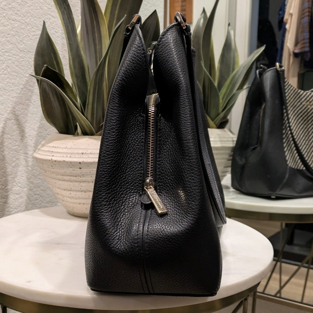 Kate Spade Lena Straw Triple Compartment Shoulder Bag Black Pebbled Leather - Picture 6 of 11